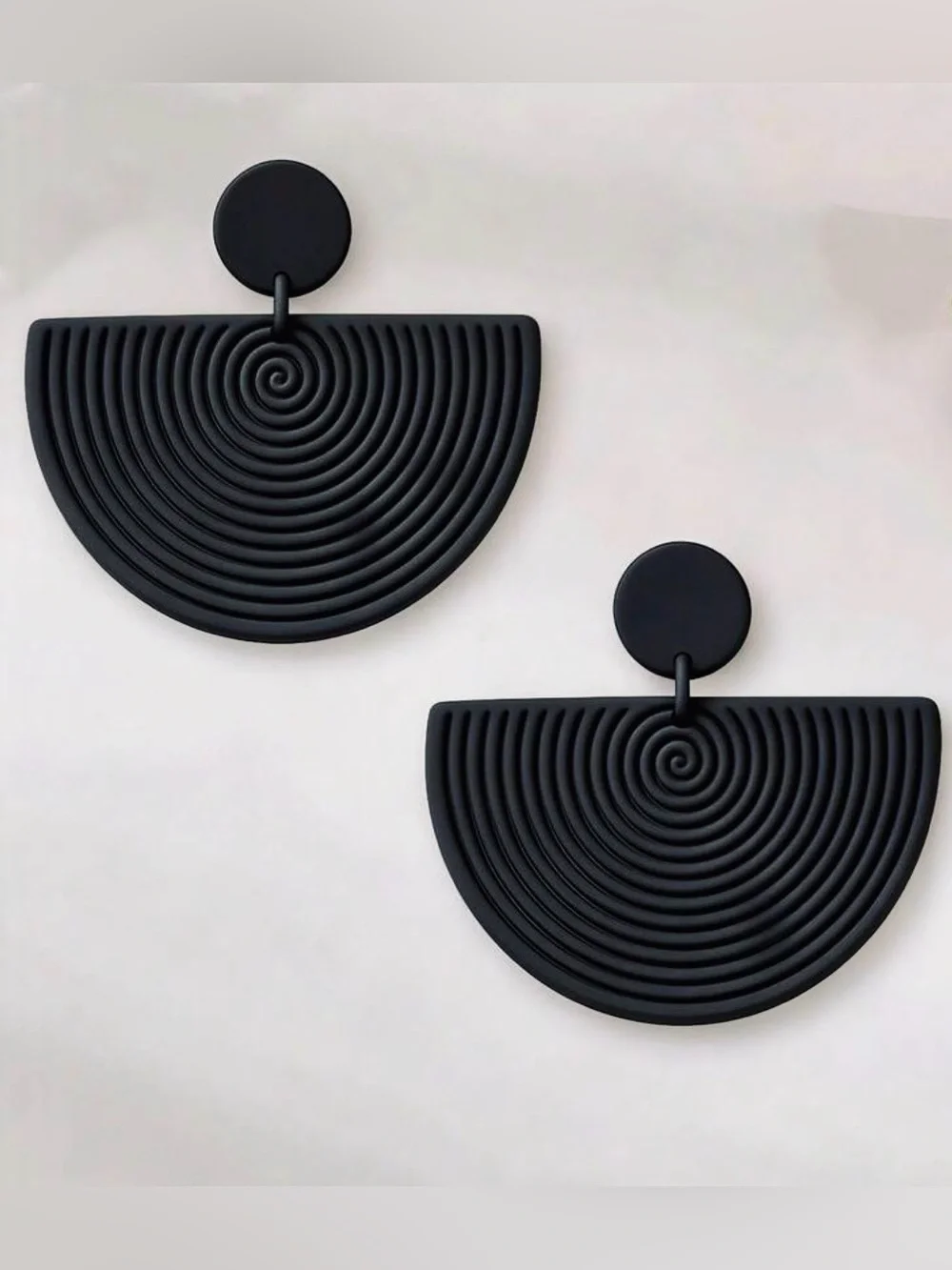 Minimalist Black Fan Statement Modern Geometric Round Disc Drop Earrings